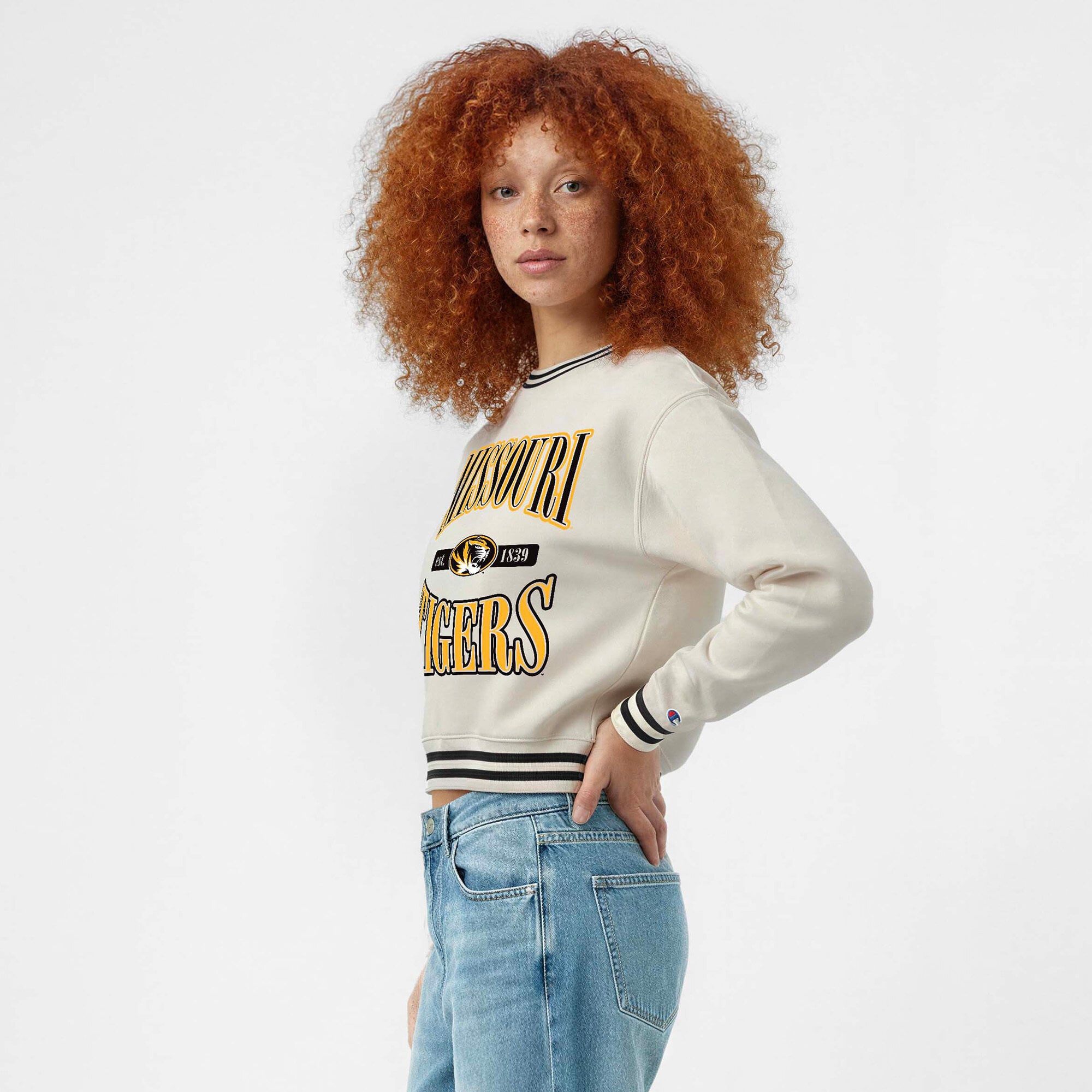 Women's Champion White Missouri Tigers Yarn Dye Rib Reverse Weave Crew Sweatshirt
